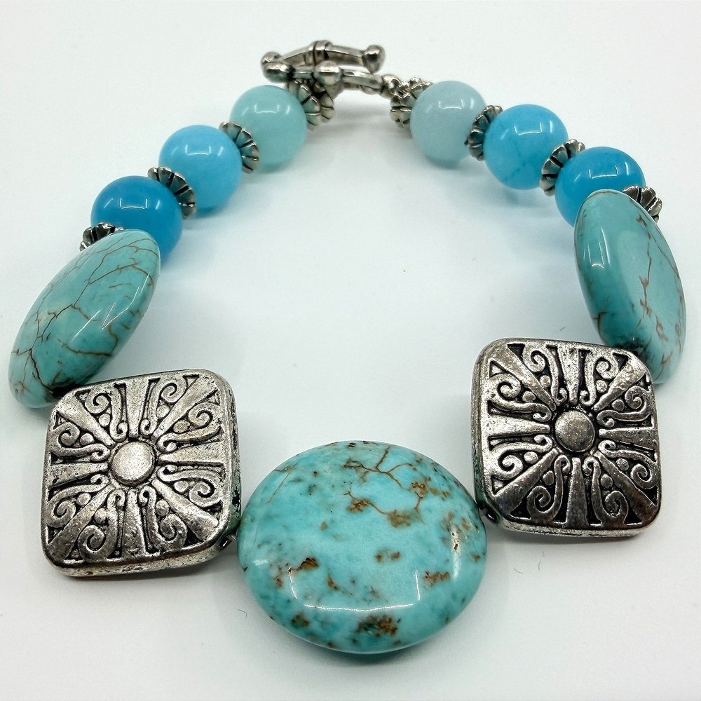 Vintage Silver Tone Simulated Turquoise Large Pebble Bead Bracelet Boho‎ Retro